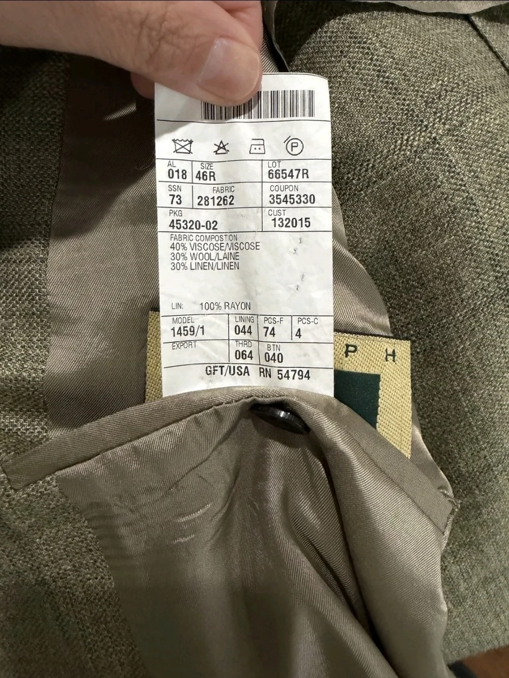Joseph Abboud Saks Fifth Avenue Wool Linen Sport Coat Blazer 46R Olive Brown